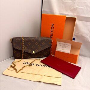 Authentic Louis Vuitton Pochette Felicie Handbag w Chain Strap and Card Wallet